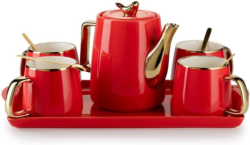 HowHomely Keramik Kaffeeservice für 4 Personen Modern - Rot Set mit Kanne, 4 Tassen und Serviertable