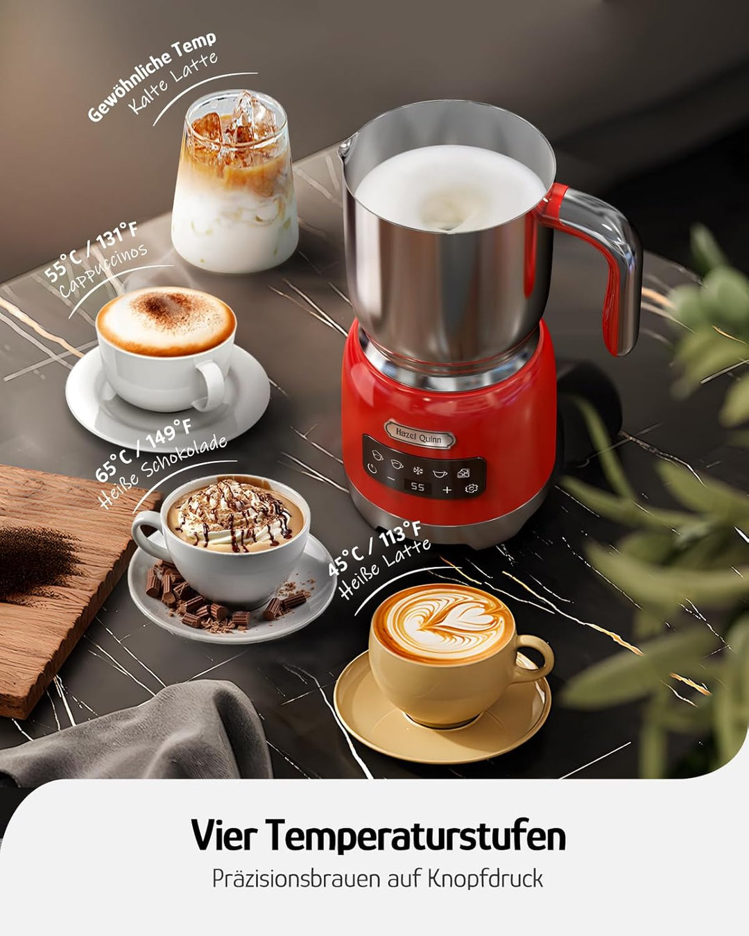 Hazel Quinn Milchaufschäumer 5-in-1 Funktionalität, 450 ml für Milchschaum heiss und kalt, heisse Sc