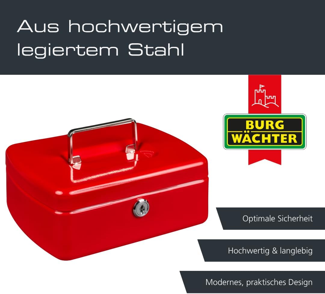 Burg-Wächter Geldkassette abschliessbar mit Schlüssel und Hartgeldeinsatz, Stahlblech, Office 2207,