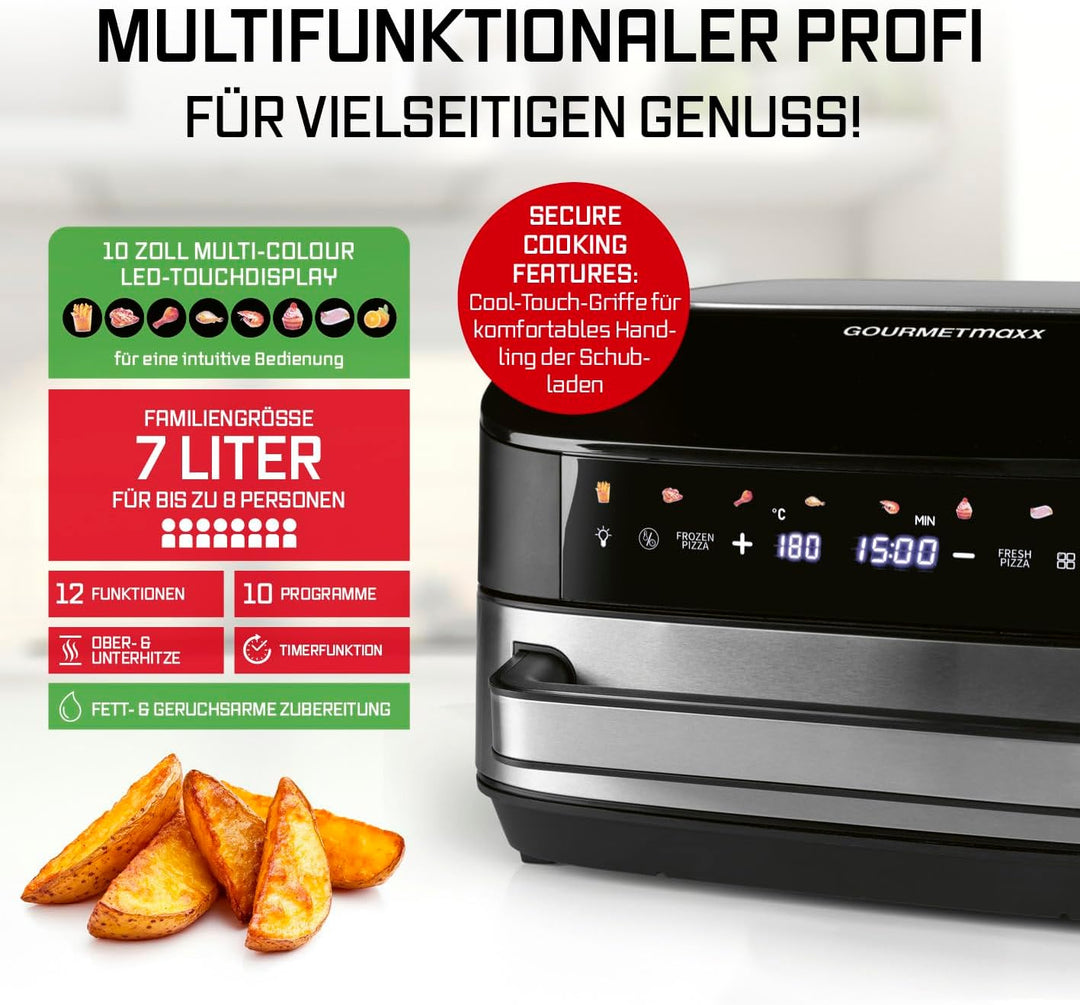GOURMETmaxx AirGenius Heissluftfritteuse - 7 L Airfryer | Fritteuse mit XXL-Garfläche & 10 Programme