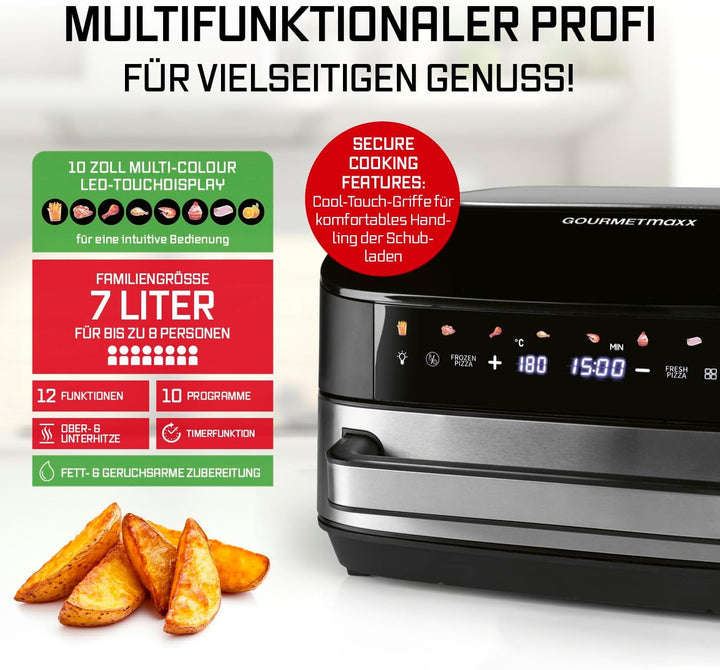 GOURMETmaxx AirGenius Heissluftfritteuse - 7 L Airfryer | Fritteuse mit XXL-Garfläche & 10 Programme