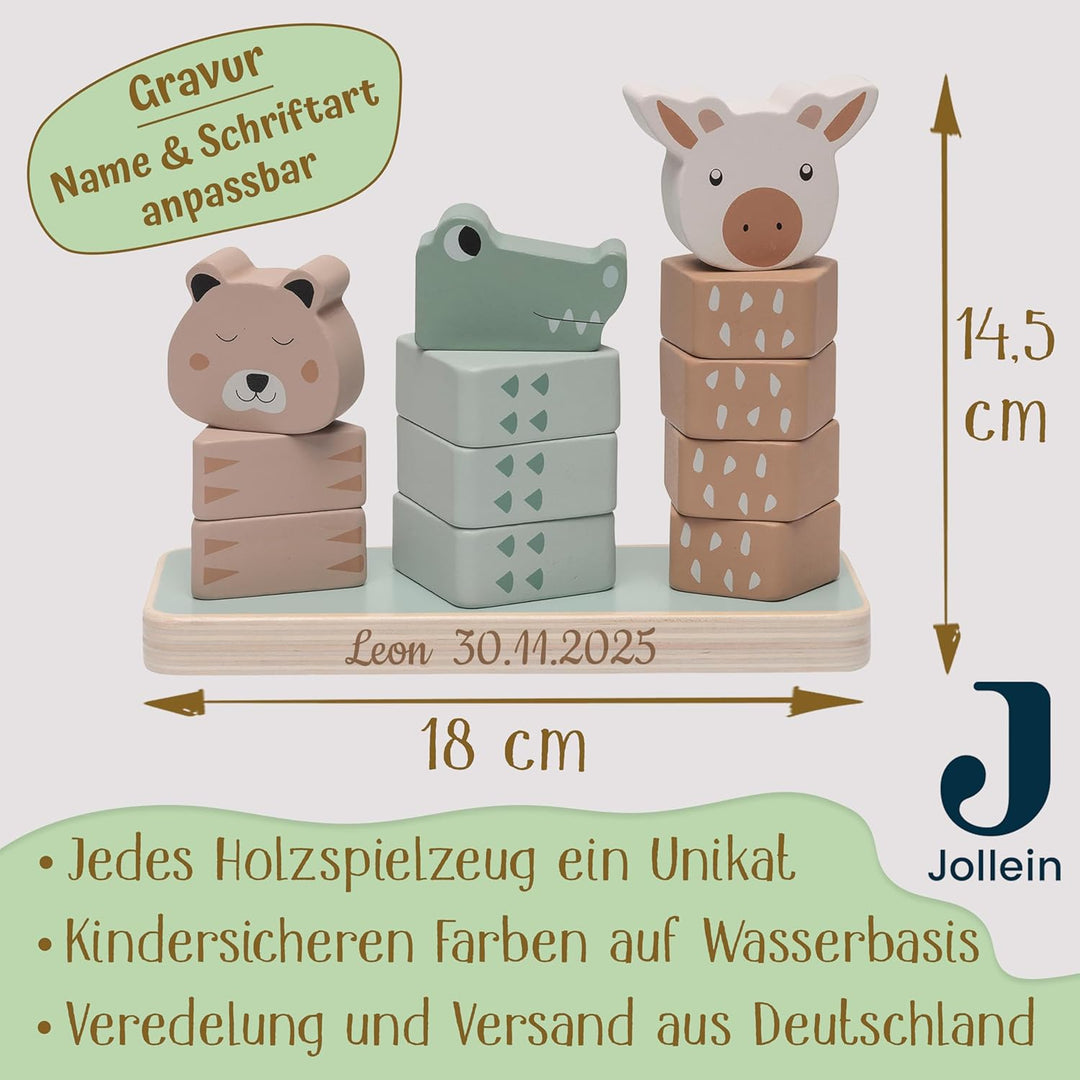 Stapelturm personalisiert mit Name – Jollein FSC Holz Baby Stapelspielzeug mit 3 Tierköpfen – Gesche