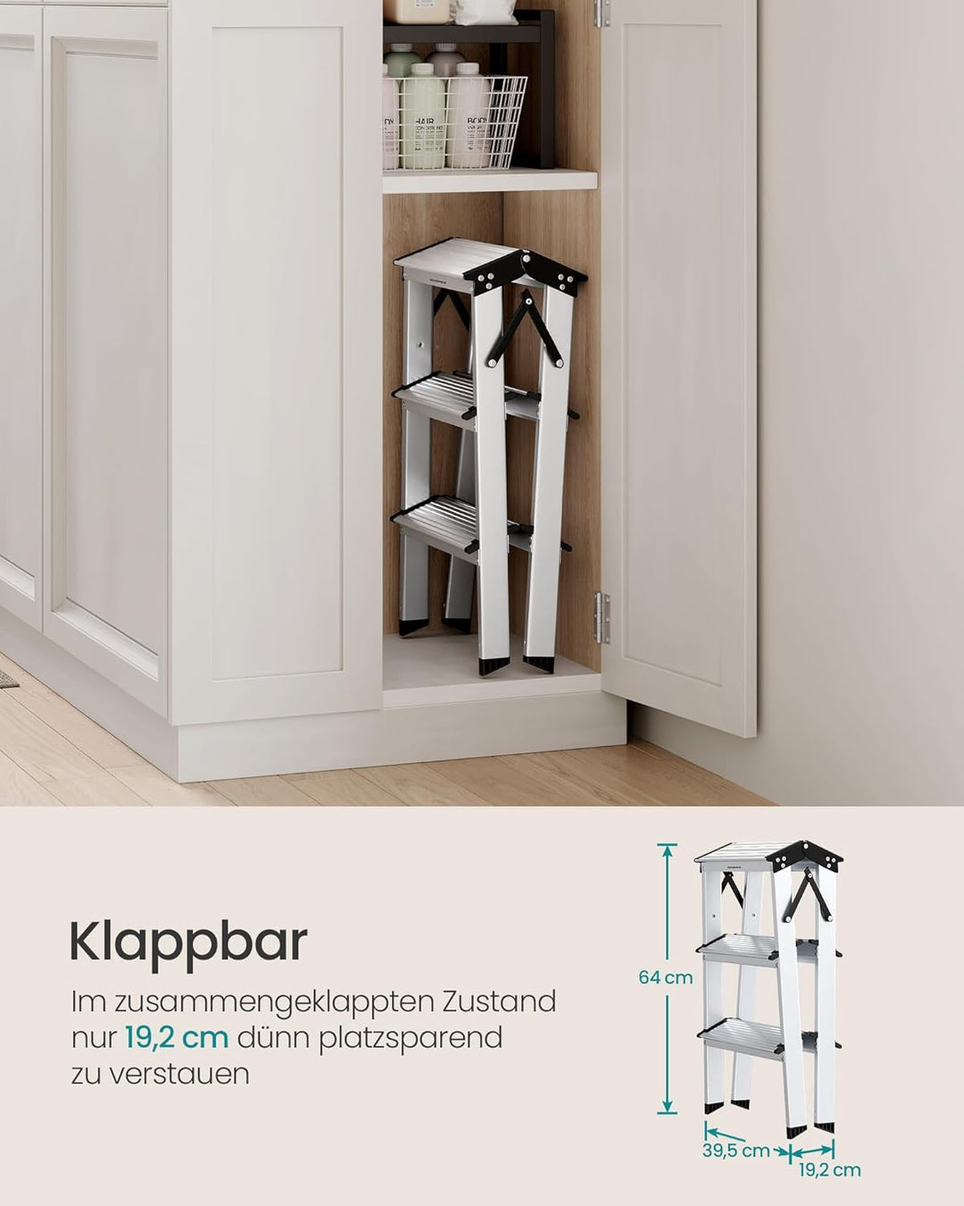 SONGMICS Leiter, Trittleiter, Aluleiter mit 3 Stufen, Stehleiter, Mehrzweckleiter, bis 150 kg belast