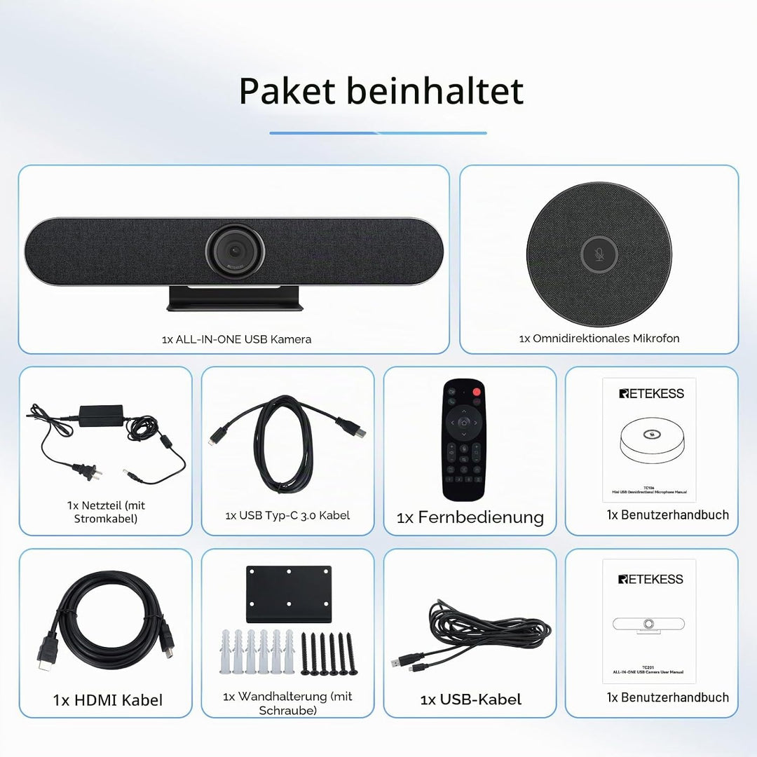 Retekess TC201 Videokonferenzsystem, 4k PTZ Webcam mit Mikrofon, Ai Auto Framing, Speaker Tracking,