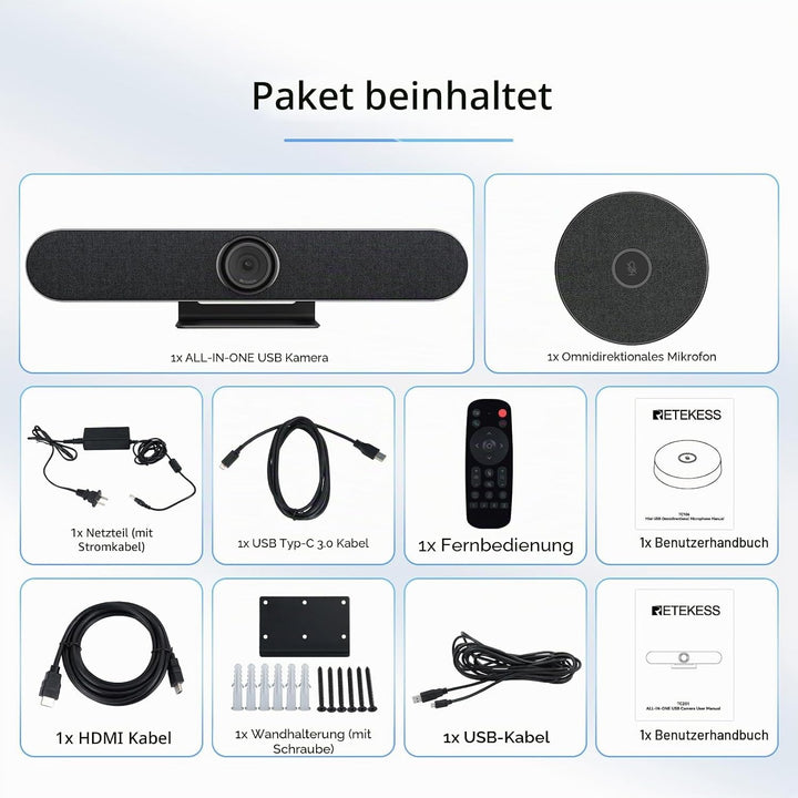 Retekess TC201 Videokonferenzsystem, 4k PTZ Webcam mit Mikrofon, Ai Auto Framing, Speaker Tracking,