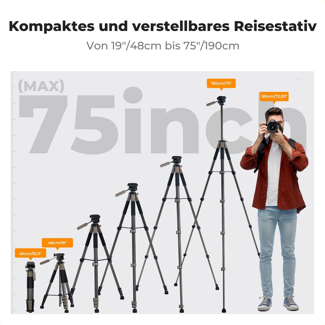 K&F CONCEPT Kamerastativ S255A3+BV01,Leichtes Stativ mit Tasche,190cm Handystativ,Tripod für Canon N