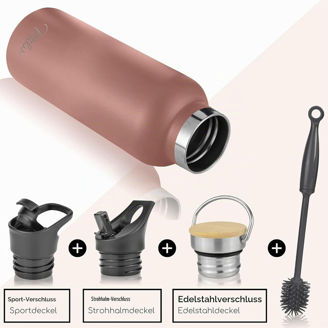 Milu Edelstahl Trinkflasche 350ml 500ml 750ml 1000ml (+3 Deckel) - Thermosflasche mit Strohhalm, Iso