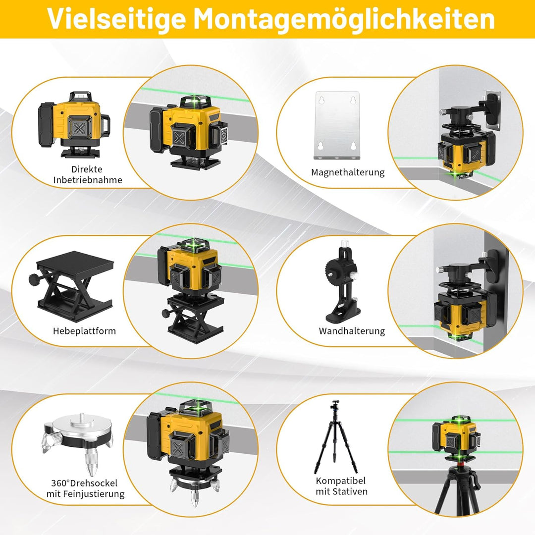 Kreuzlinienlaser mit Stativ, 16 Line Laser Level, 4 x 360 ° Laser Wasserwaage mit Akku, Fernbedienun