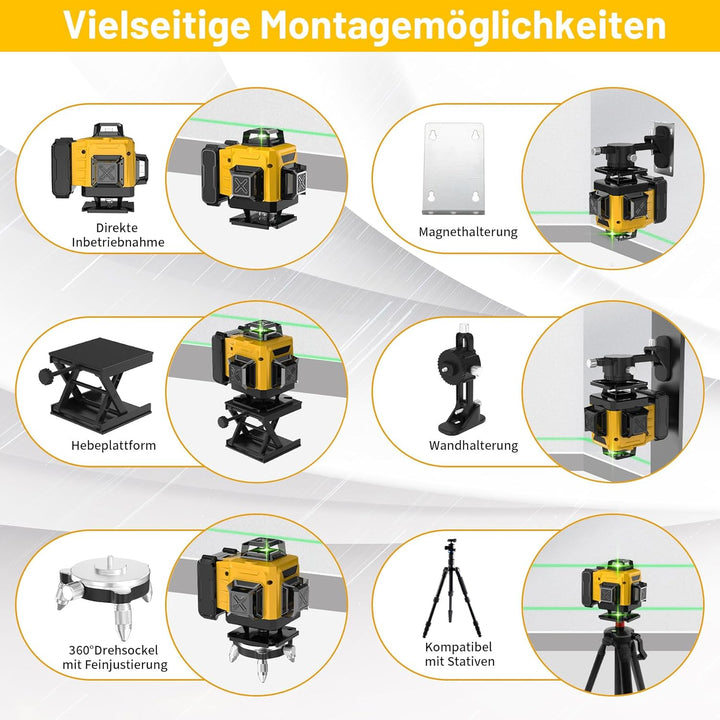 Kreuzlinienlaser mit Stativ, 16 Line Laser Level, 4 x 360 ° Laser Wasserwaage mit Akku, Fernbedienun