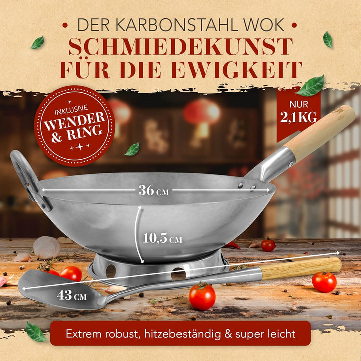 KRUSTENZAUBER 36cm Wokpfanne runder Boden - Traditionelle Stahlwokpfanne mit Wokwender u. Wokring -
