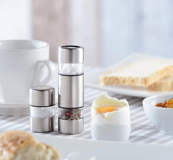 PEARL Camping Pfeffermühle: 6er-Set Mini-Salz-/Pfeffermühle, Edelstahl, Keramikmahlwerk, Ø 3 cm (Min
