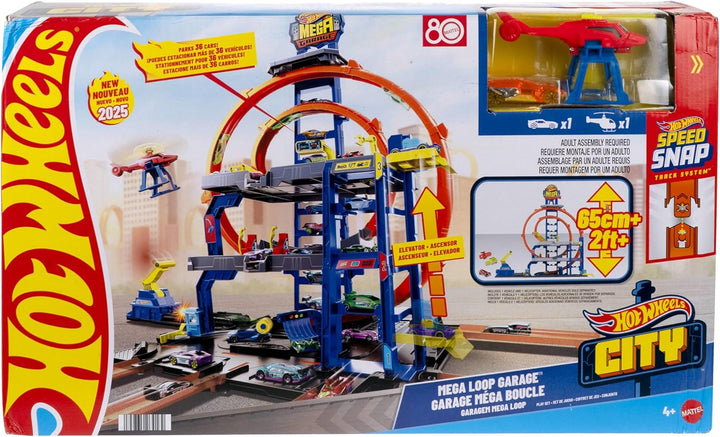 Hot Wheels Spielzeugauto Trackset, mit Die-Cast-Auto und Hubschrauber, 3 Spielebenen, 2 Loopings, Pl