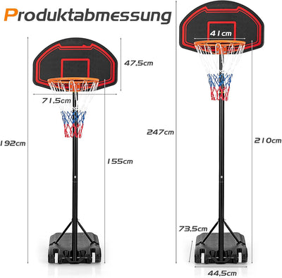 GYMAX Basketballkorb 155-210 cm, Höhenverstellbarer Basketballständer mit Netz & bruchfester Rückwan