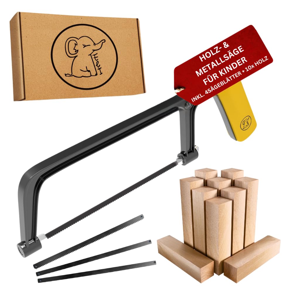 Eli® Kindersäge ab 6 Jahre inkl. 4 Sägeblätter für Holz und Metall und Bastelholz- echte Bügelsäge z