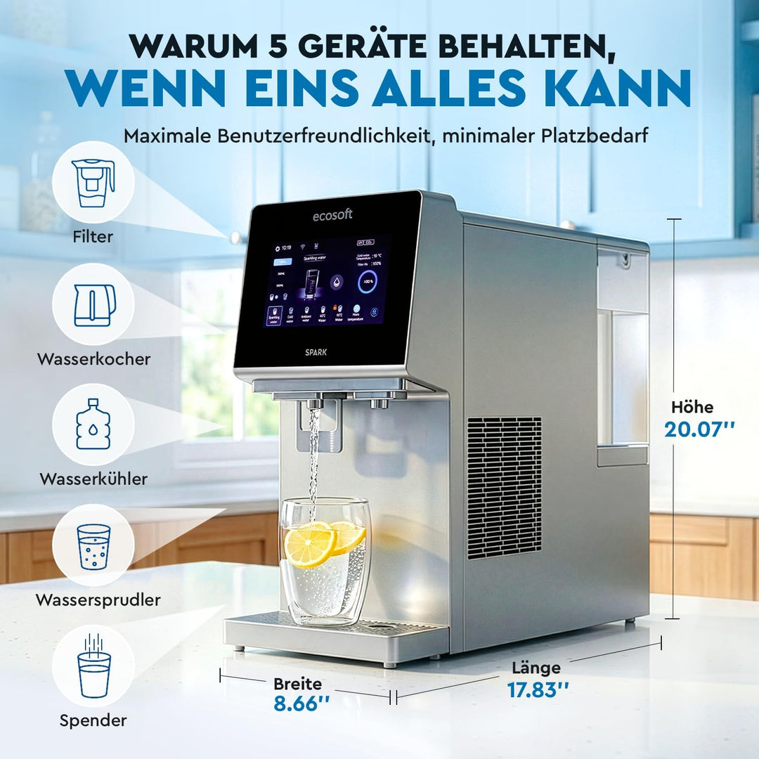Ecosoft Wasserspender Spark – Auftisch Osmoseanlage mit 4-Stufiger-Filtrierung – UV-Reinigung, Touch