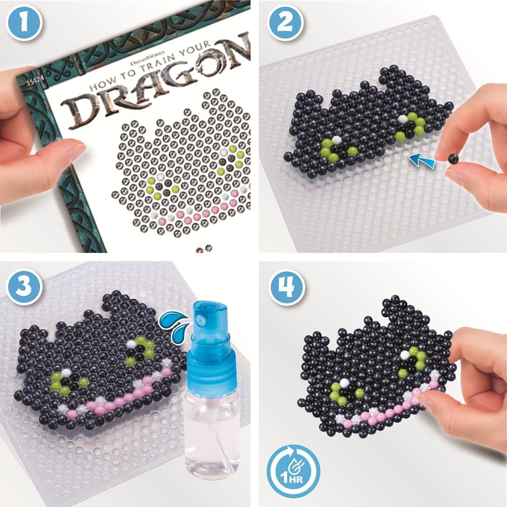 Aquabeads - 35124 Dragons Schlüsselanhänger Bastelset, Wasserperlen Bastelset mit Hicks, Ohnezahn, f