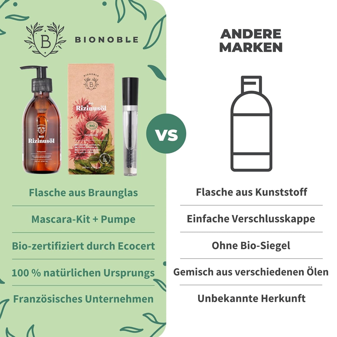 BIONOBLE Rizinusöl Kaltgepresst Bio + Mascara-Kit, 100% Natürlich - Wachstumsfördernd, Repariert - R