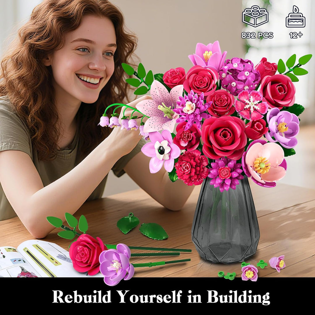CUBIMANA Blumen Blumenstrauss Set mit LED für Erwachsene Frauen Mädchen 12+ Rosarot, Rosarot