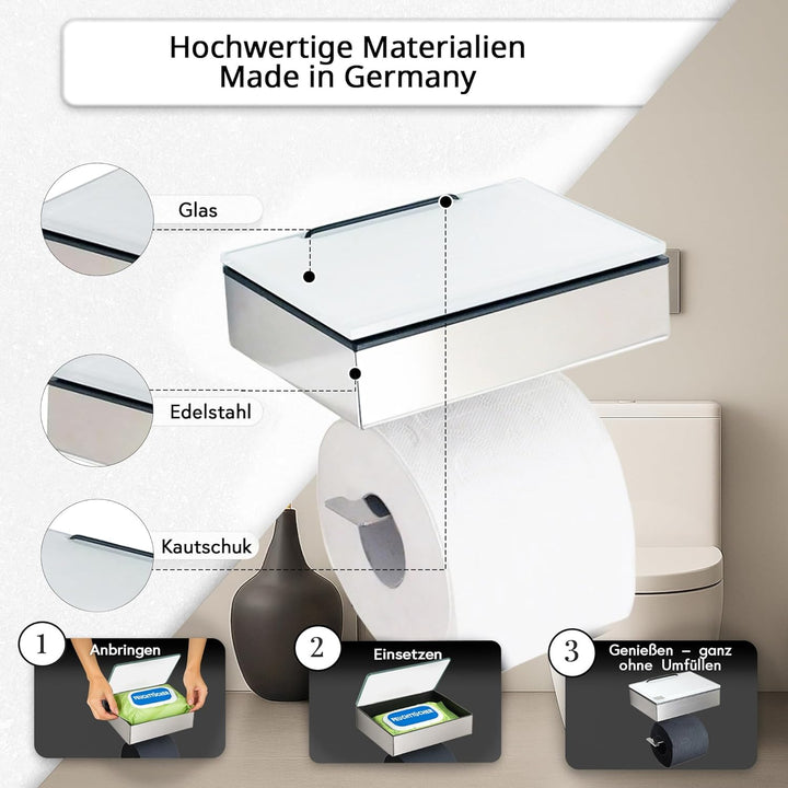 Toilettenpapierhalter mit Feuchttücherbox - Gehäuse Poliert & Abdeckung Glas Weiss - befüllbar von L