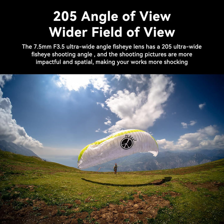7artisans MF 7,5 mm F3.5 APS-C 205° Ultra-Weitwinkel-Manuelles Fischaugenobjektiv, kompatibel mit Ni