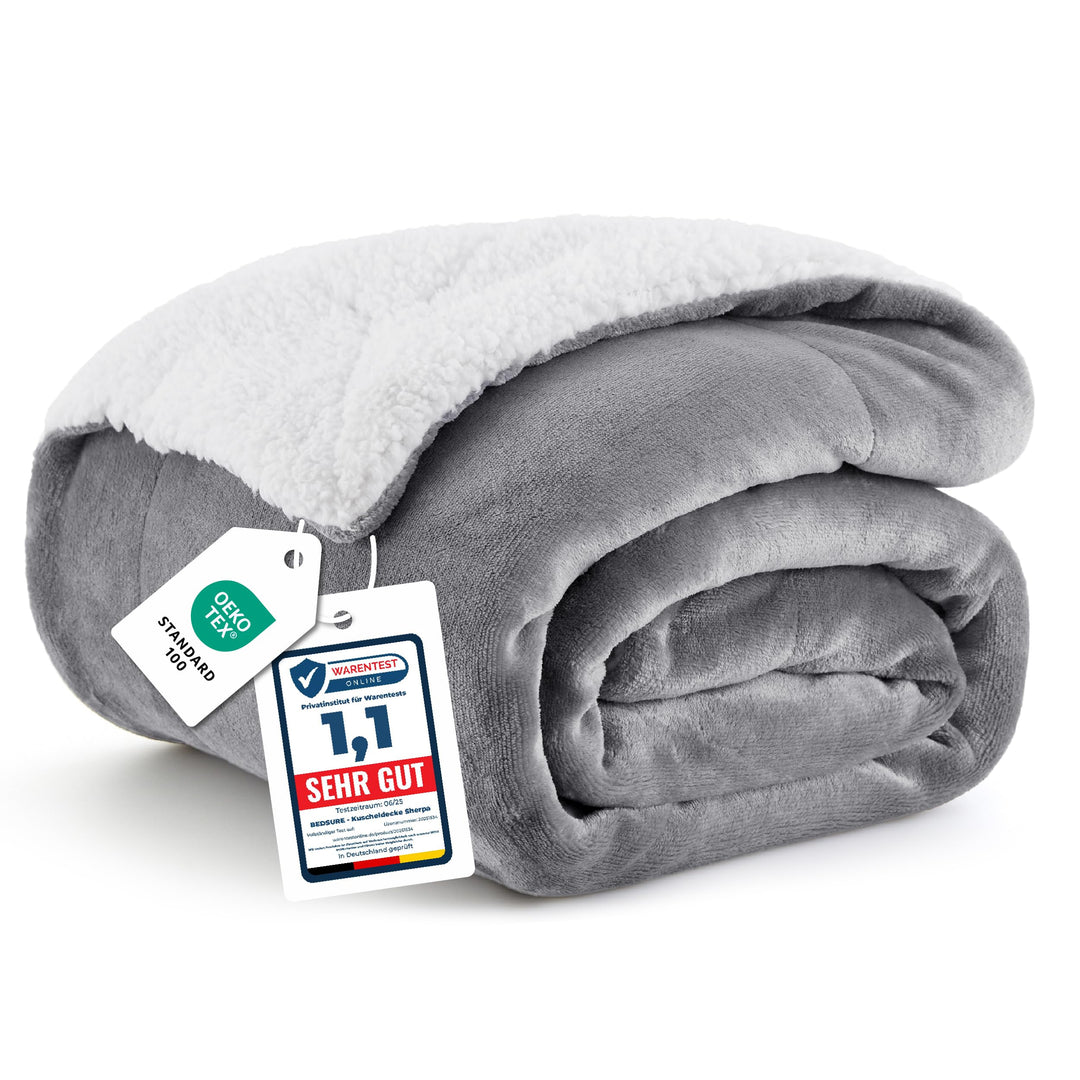 BEDSURE Decke Sofa Kuscheldecke Grau - warm Sherpa Sofaüberwurf Decke, Dicke Sofadecke Couchdecke, 1