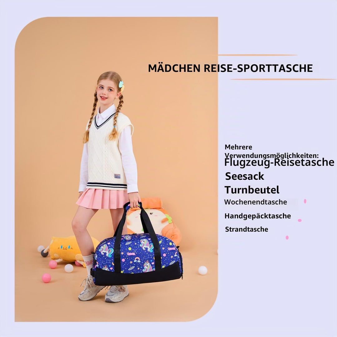 Lmwzh Kinder Sporttasche Reisetasche mitSchuhfach Turnbeutel wasserdichte Schwimmtasche (Einhorn), E