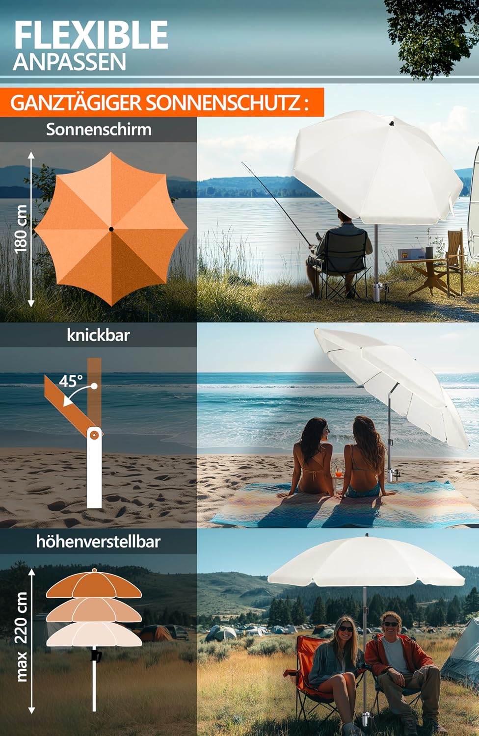4smile Sonnenschirm Strand Ø 180 cm mit Eindrehbodenhülse, Beige | Strandschirm windfest stabil mit
