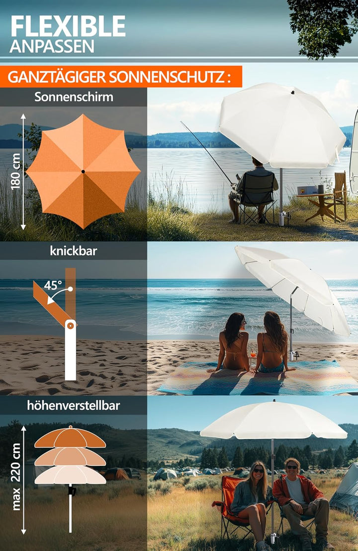 4smile Sonnenschirm Strand Ø 180 cm mit Eindrehbodenhülse, Beige | Strandschirm windfest stabil mit