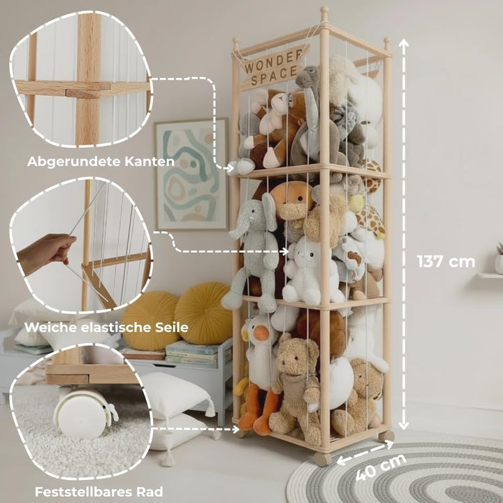 Wonder Space Holz-Stofftier-Aufbewahrungsständer mit Rädern, hoher Spielzeugorganizer für Kinderzimm