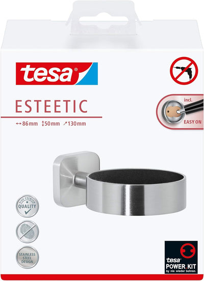 tesa ESTEETIC Fönhalter in Edelstahloptik, edles Design, inkl. Klebelösung, starker Halt, 128 mm x 8