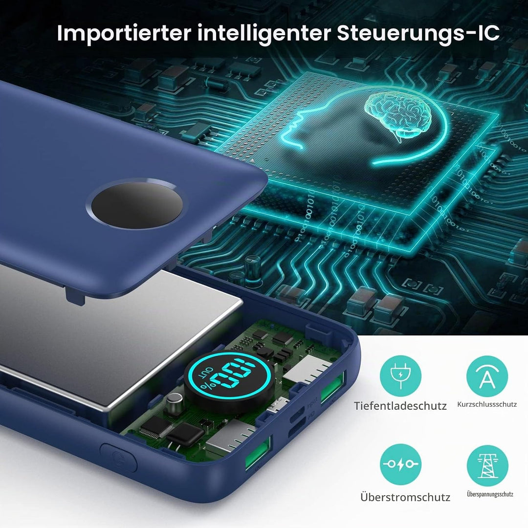 Power Bank USB C mit Kabel 26800mAh, PD 25W QC4.0 Schnellladung Powerbank, 5 Ausgängen Externe Handy