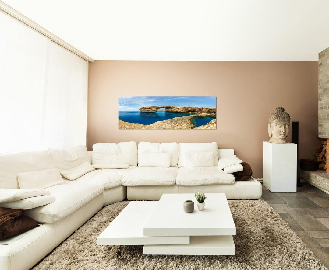 Paul Sinus Art Panoramabild auf Leinwand und Keilrahmen 150x50cm Malta Felsen Meer Sommer Wolkenschl