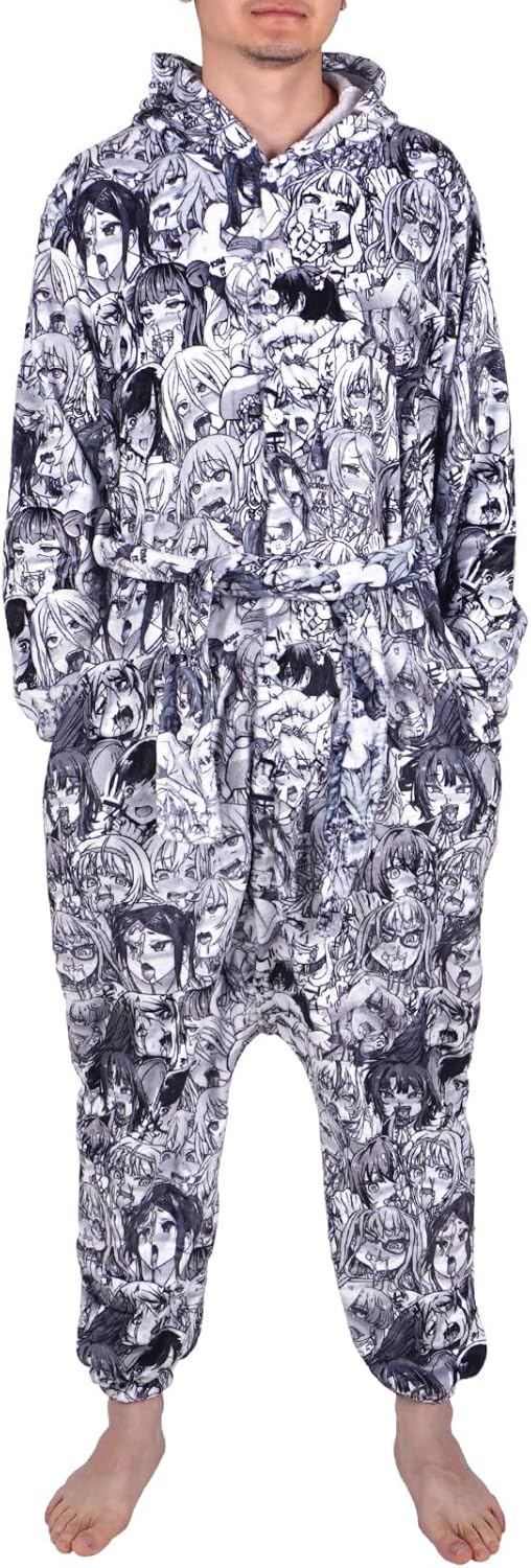 CoolChange Ahegao Kigurumi mit Manga Gesichtern I Anime Pyjama mit Taschen und Kapuze | Grösse: S-XL