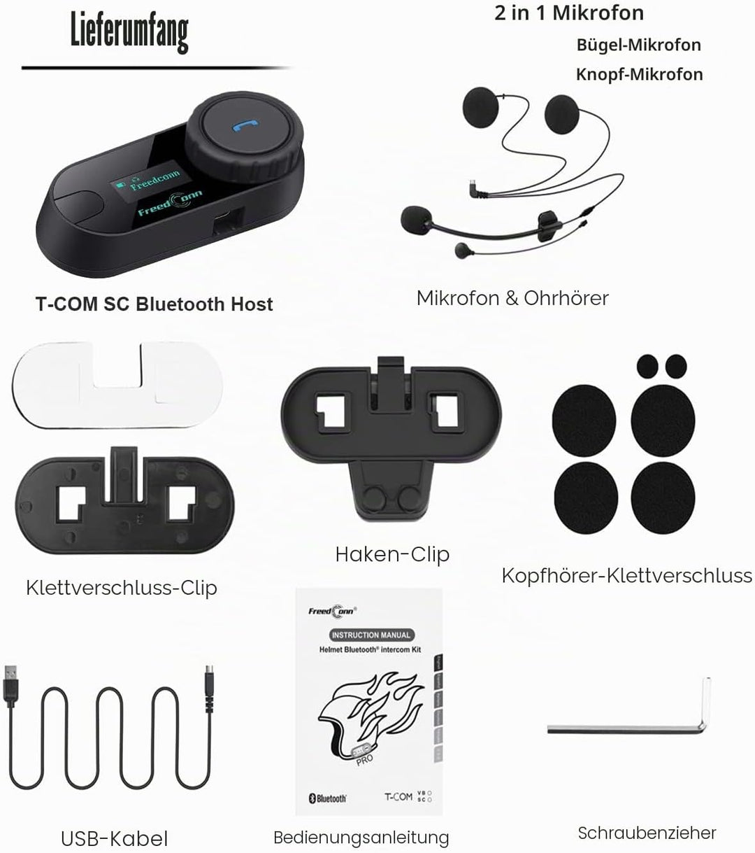FreedConn Tcom-SC Intercom Motorrad Headset für 2 Personen Musik Teilen, Motorradhelm Kommunikations