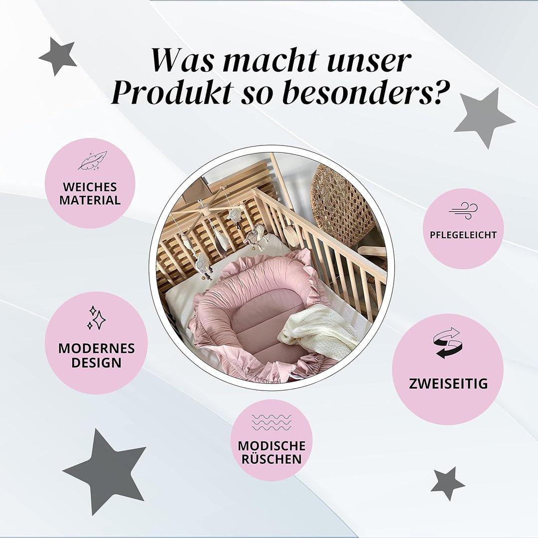 PIMKO Babynest mit rüschen Babynestchen für Baby Kuschelnest Babykokon für Säuglinge und Neugeborene