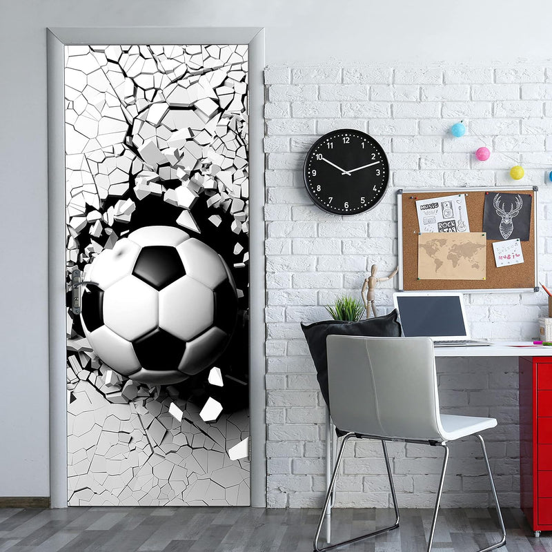 wandmotiv24 Türtapete Fussball durch Wand, 3D, Sport, Ball 80 x 200cm (B x H) - Dekorfolie selbstkle