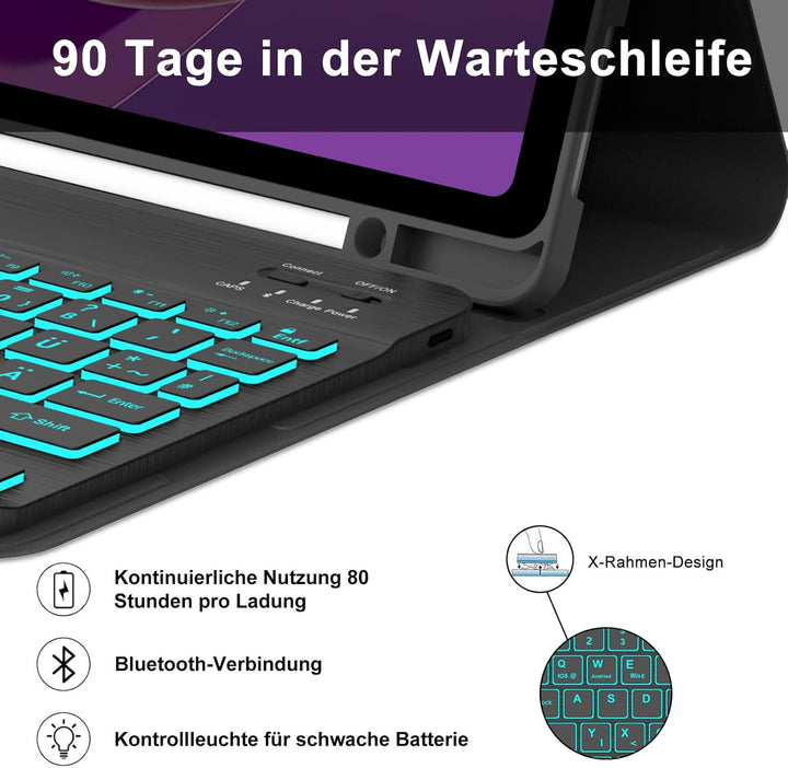Tastatur Hülle für Lenovo Tab M11 2024, Deutsches QWERTZ, 7 Farben Beleuchtung Magnetisch Abnehmbare
