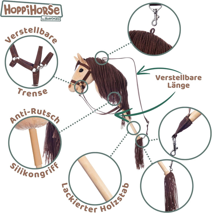 HOPPIHORSE Steckenpferd mit Trense - A4 - Hobby Horse mit Zügeln, Schultergurt, Schweif - hochwertig