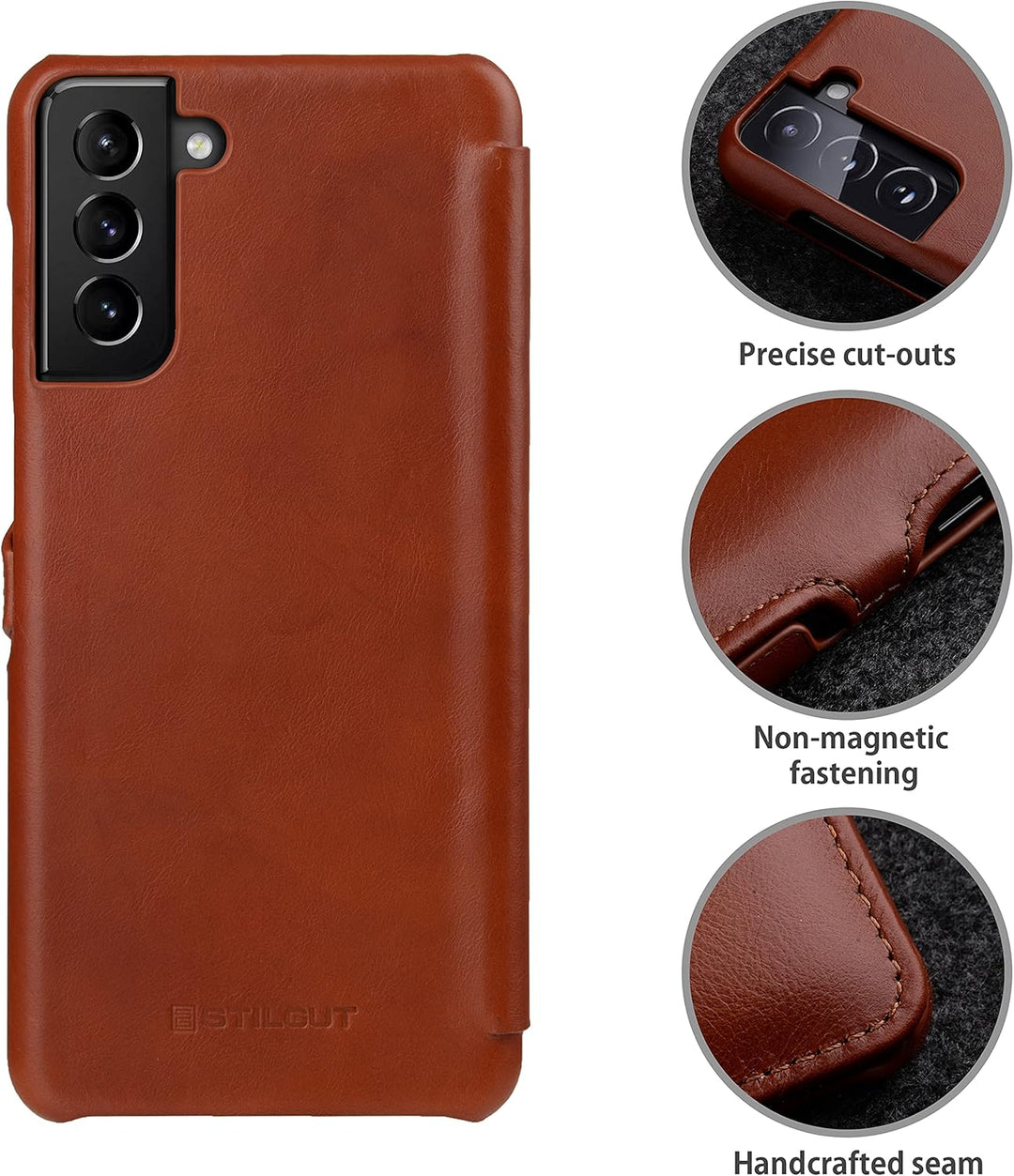 STILGUT Book Case kompatibel mit Samsung Galaxy S21 Plus 5G Hülle aus Leder mit Clip-Verschluss, Led