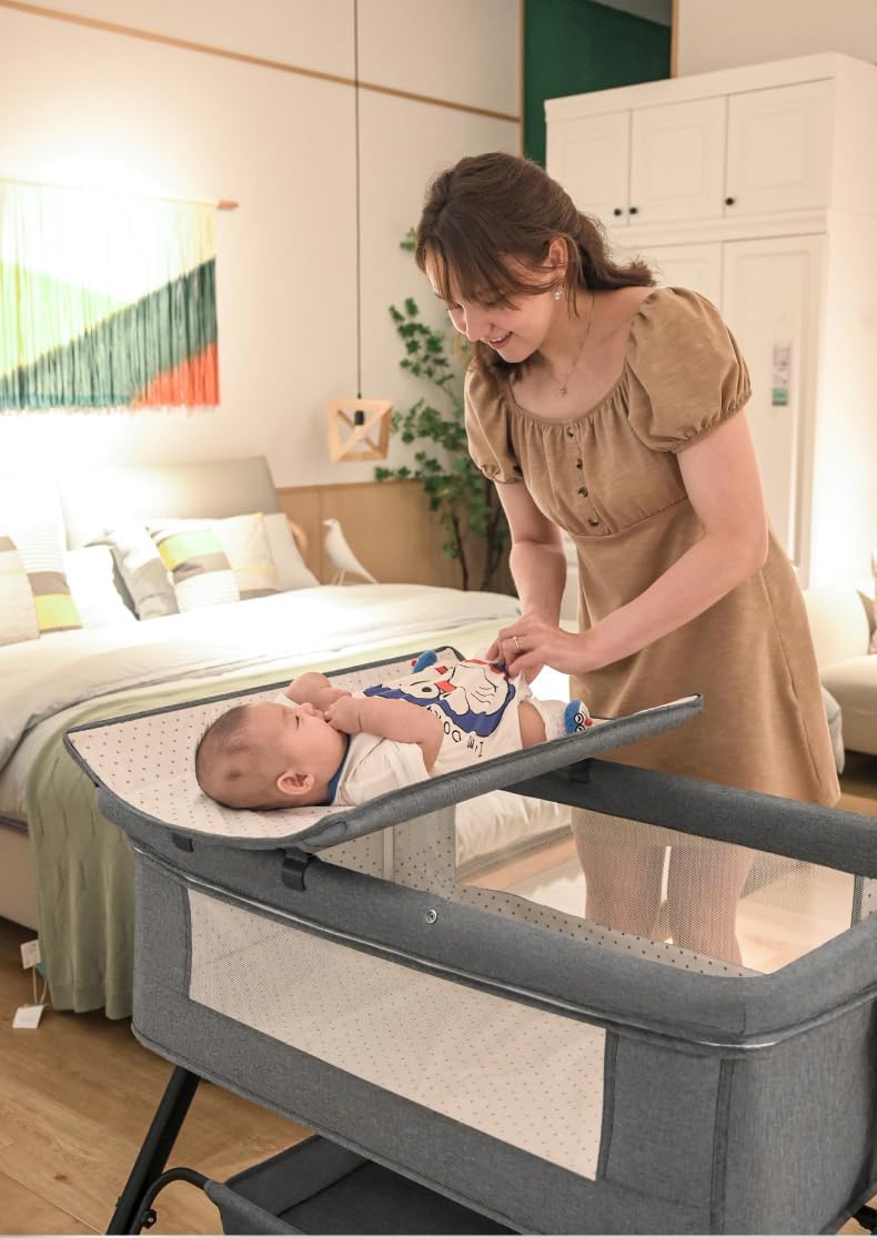 Beistellbett Baby mit Wickeltisch, Klappbares Babybett, Multifunktional Stubenwagen Baby, 3-Fach Höh