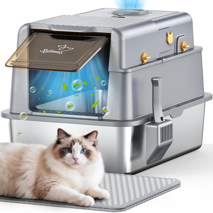 Katzenklo Edelstahl XXL mit Deckel, Streuluft-Desodorierungssystem | 105° Klappdeckel 3-in-1 Grosse