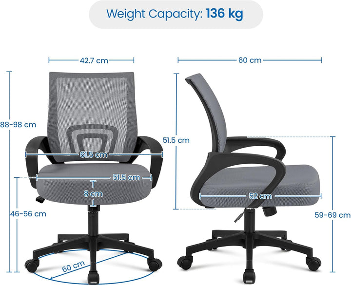 Yaheetech Bürostuhl, Ergonomischer Schreibtischstuhl mit Netzbespannung und Armlehnen, Drehstuhl aus