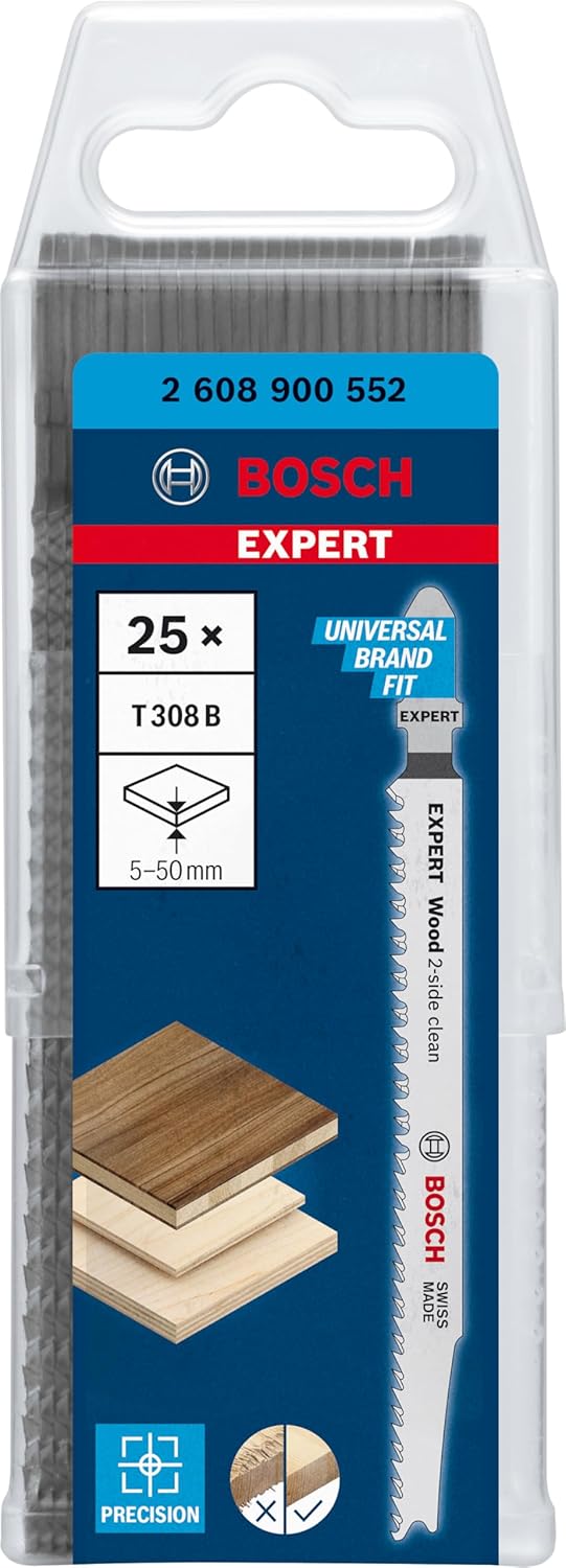 Bosch Professional 25x Stichsägeblatt Expert ‘Wood 2-Side Clean’ T 308 B (für Sperrholz, Massivholz-