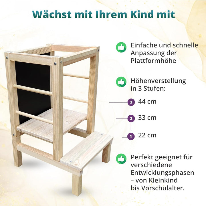 Lernturm Holz, Küchenhelfer für Kinder, Tritthocker Kinder, Trittschemel, Learning Tower, Höhenverst