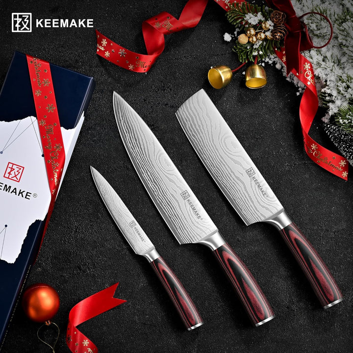 KEEMAKE Messerset 3 teilig, Küchenmesser Set aus Edelstahl mit Profi Kochmesser Nakiri Messer Allzwe
