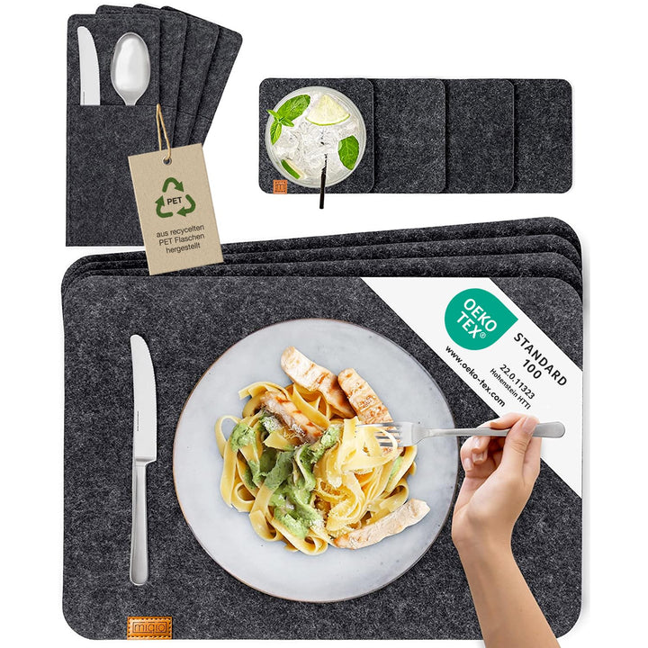 MIQIO Tischset aus Filz - 12er Tisch Untersetzer-Set - Filz Tischset abwaschbar - 4 Platzsets, Glasu