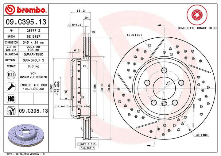 Brembo 09.C395.13 - Bremsscheibe bestehend aus 1 Stück, hinten
