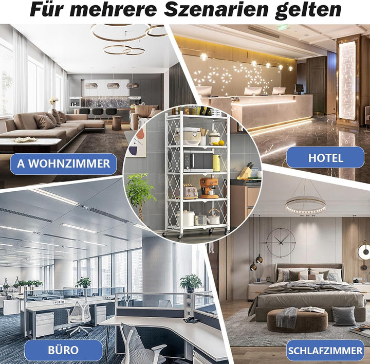 Klappbar Servierwagen mit 4 Rollen, Rollwagen klappbar 3/4/5 Etage Mobile Storage Folding Trolley Mi
