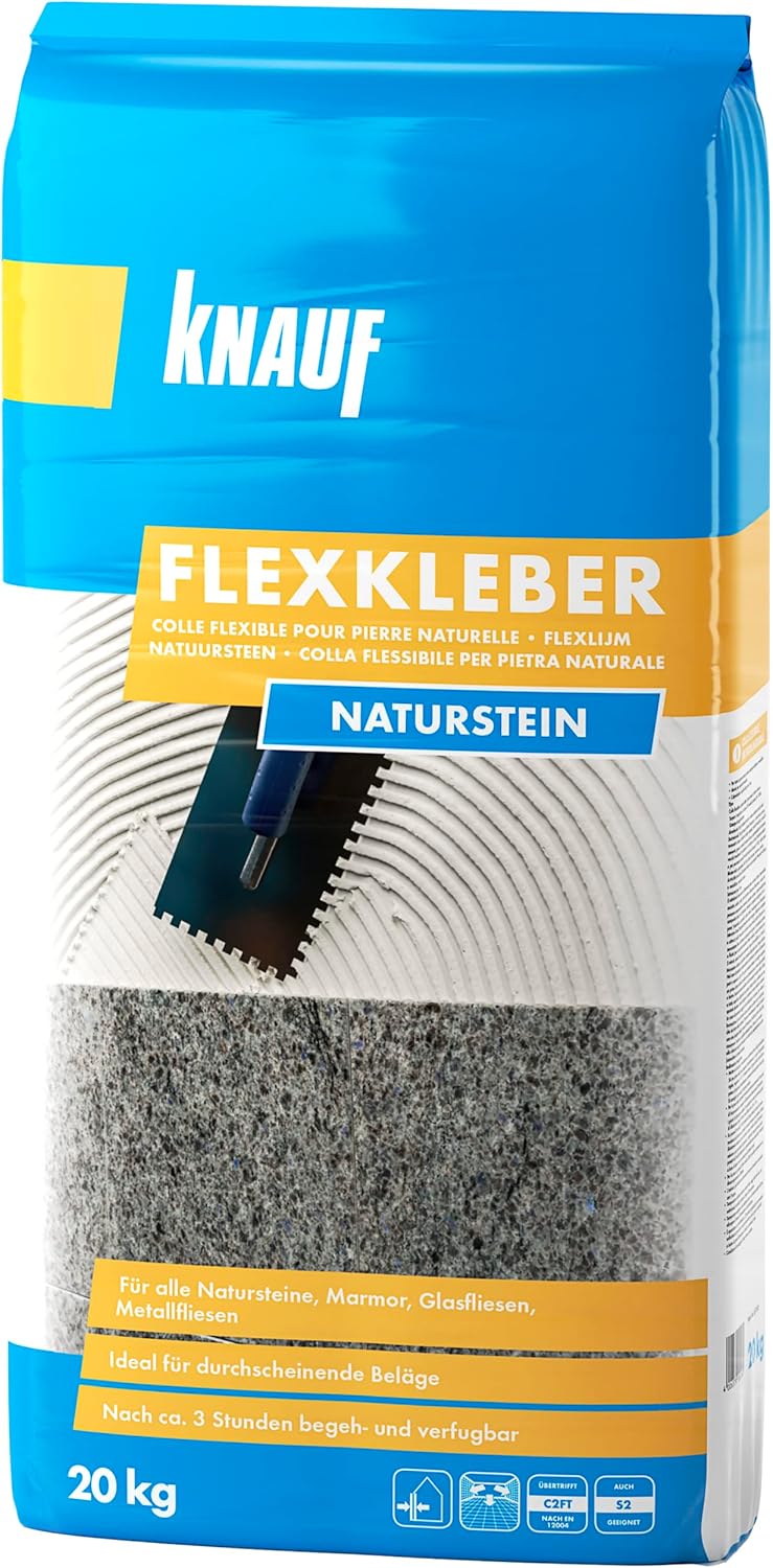 Knauf Flexkleber Naturstein 20-kg – Marmor-Klebstoff und Fliesen-Kleber zum Verlegen von Glas-Fliese