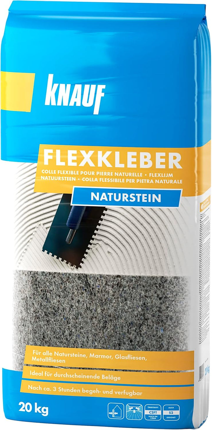 Knauf Flexkleber Naturstein 20-kg – Marmor-Klebstoff und Fliesen-Kleber zum Verlegen von Glas-Fliese